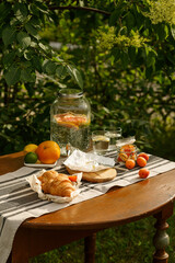 Summer outdoor junket. Cheese, croissant and berries at outdoor