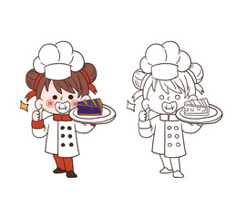 Cute young chef girl smiling and holding a piece of blueberry pie.cartoon vector art illustration