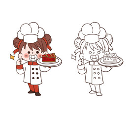 Cute young chef girl smiling and holding a piece of strawberry pie.cartoon vector art illustration