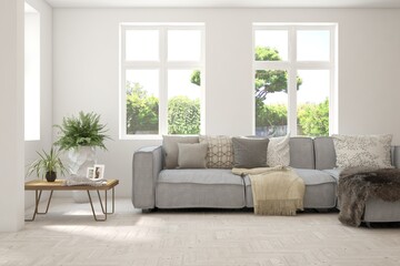 White living room with sofa and summer landscape in window. Scandinavian interior design. 3D illustration