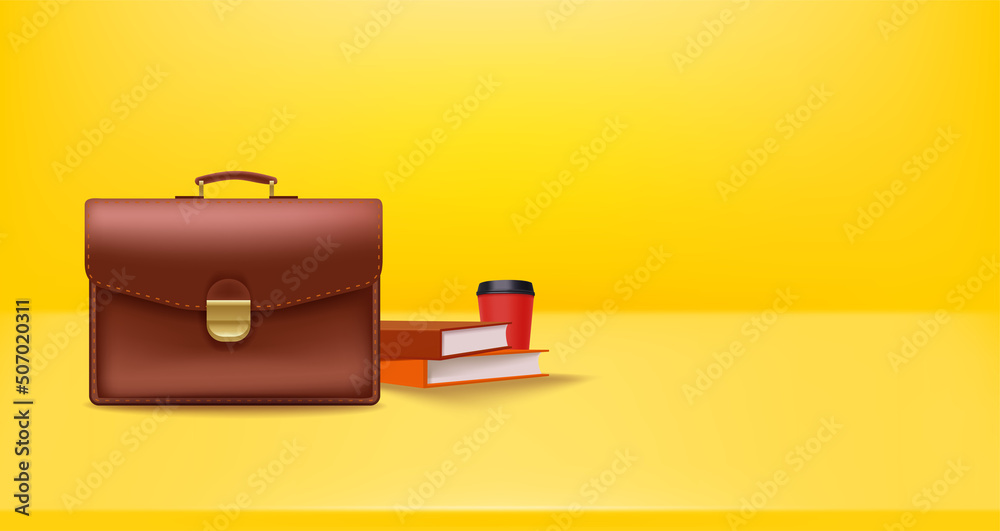 Poster briefcase with coffee and books. 3d vector banner with copy space