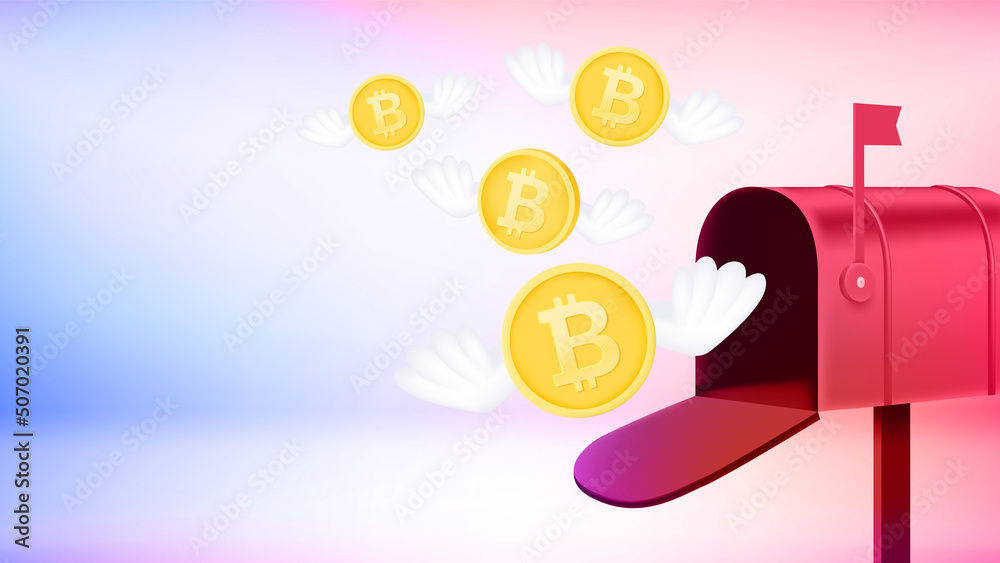 Poster Flying bitcoins coins. 3d vector banner with copy space