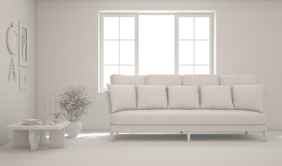White minimalist living room with sofa. Scandinavian interior design. 3D illustration