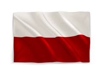 Red and White waving national flag of Poland. 3d vector object isolated on white