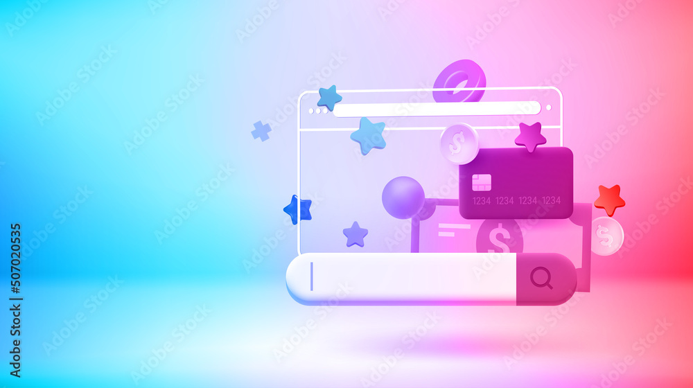 Poster Making orders via web browser. Vector 3d banner with copy space