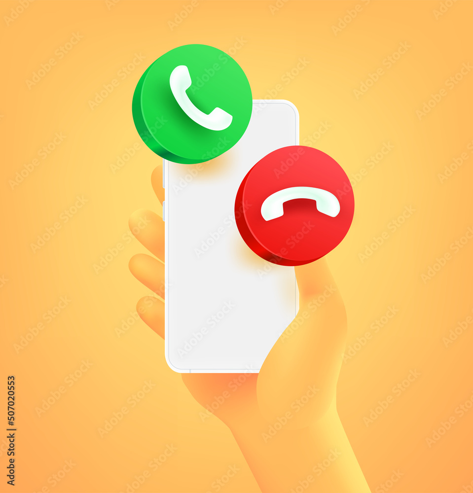 Poster cartoon hand with smartphone and call buttons. 3d vector illustration