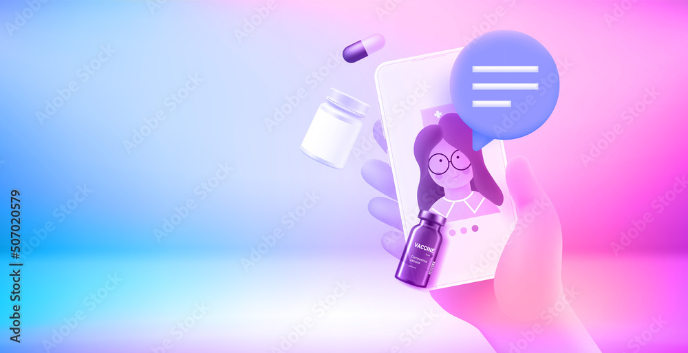 Poster Internet consultation with the doctor via mobile application. 3d vector banner with copy space
