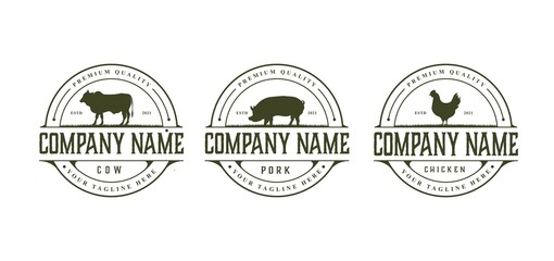 Set of Farm Cattle cow Pork Chicken Livestock Beef Emblem Label logo design vector