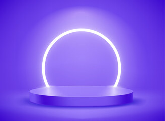Dark blue room with circle neon light and podium. 3d vector showcase for display products