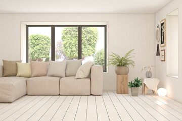 White living room with sofa. Scandinavian interior design. 3D illustration