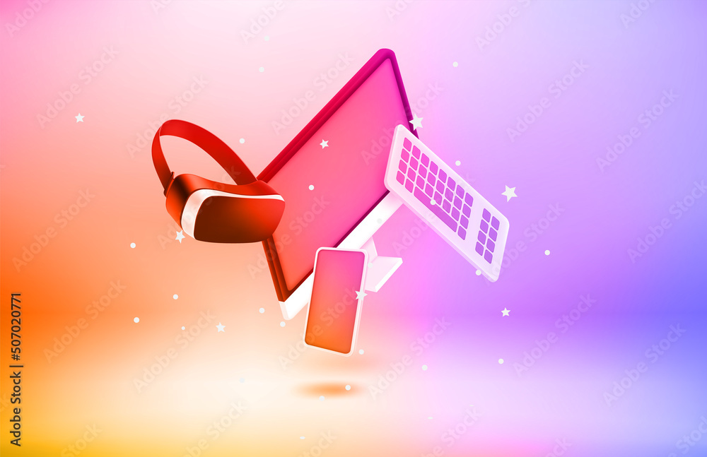 Poster Virtual reality technology concept. 3d vector objects with levitation effect