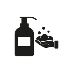 Antibacterial Liquid Soap with Pumping Bottle Silhouette Icon. Hand Washing Concept Black Pictogram. Hygiene and Disinfection of Hands Icon. Isolated Vector Illustration