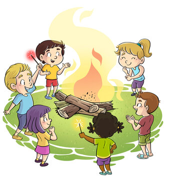 Illustration of children around a bonfire
