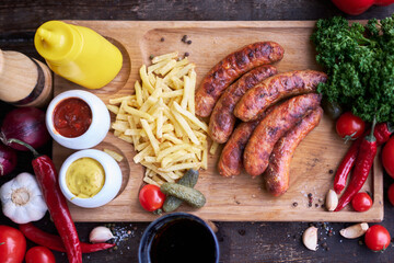 Tasty freshly grilled Sausages served with French fries and sauce on wooden board