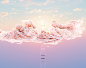 A surreal concept of a regular aluminium ladder pushing through a fluffy cloud on a peach sky...