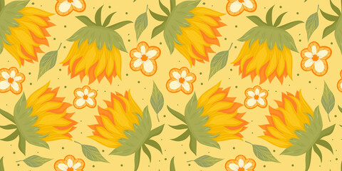 Sunflower seamless pattern with flower, leaf. Cartoon yellow illustration. Floral seamless pattern. Summer bright floral design. Vector illustration.