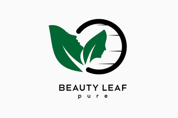 Pure beauty leaf logo design, leaf icon blends with female face silhouette with creative concept