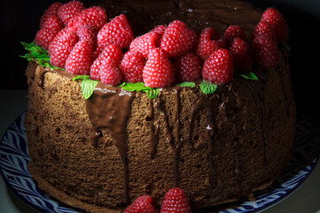 chiffon cake with chocolate, red raspberries and green mint