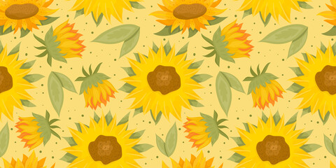 Naklejka na ściany i meble Sunflower seamless pattern with flower, leaf. Cartoon yellow illustration. Floral seamless pattern. Summer bright floral design. Vector illustration.