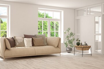 White living room with sofa and summer landscape in window. Scandinavian interior design. 3D illustration