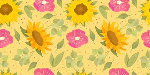 Sunflower seamless pattern with flower, leaf. Cartoon yellow illustration. Floral seamless pattern. Summer bright floral design. Vector illustration.