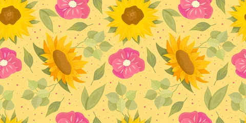 Foto op Plexiglas anti-reflex Sunflower seamless pattern with flower, leaf. Cartoon yellow illustration. Floral seamless pattern. Summer bright floral design. Vector illustration. © Анжелика Полтавец