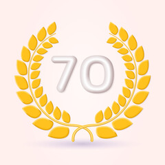 70 years anniversary laurel wreath 3d logo or icon. Jubilee, birthday badge, label design. 70th celebrating emblem. Vector illustration.