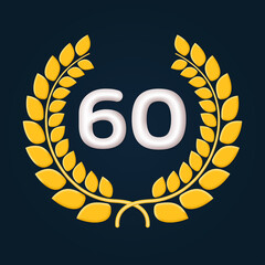 60 years anniversary laurel wreath 3d logo or icon. Jubilee, birthday badge, label design. 60th celebrating emblem. Vector illustration.