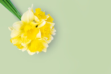 Bouquet of yellow daffodils, narcissus on green background with copy space. Mockup, template for holiday, birthday, mother's day on yellow background with copy space for text. Top view, flat lay.