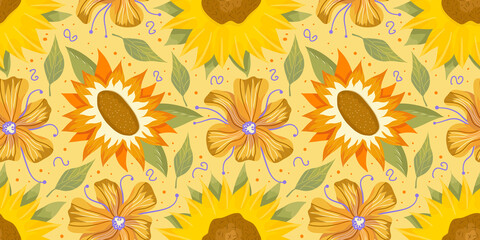 Obraz premium Sunflower seamless pattern with flower, leaf. Cartoon yellow illustration. Floral seamless pattern. Summer bright floral design. Vector illustration.