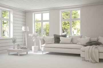 Minimalist living room in white color with sofa and summer landscape in window. Scandinavian interior design. 3D illustration