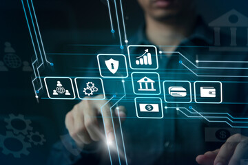 Businessman using virtual touch screen to online transactions with internet technology, concept of global data connection by internet technology, big data