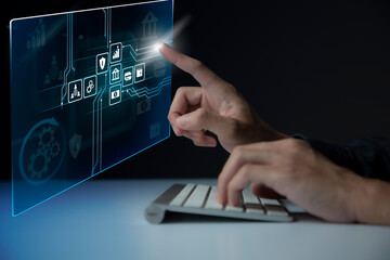 Businessman using virtual touch screen to online transactions with internet technology, concept of global data connection by internet technology, big data