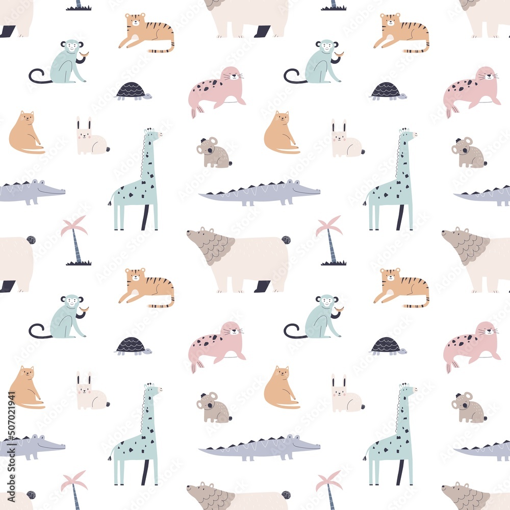 Poster Seamless Scandinavian pattern. Childish background with cute animals repeating print. Scandi-styled endless texture design with baby characters. Kids flat vector illustration for textile, decoration
