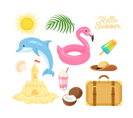 Summer collection of vintage design elements. Set of cute vector icons. Sun, dolphin, seashell, sand castle, flamingo inflatable float, ice lolly, ice cream, palm leaf, coconut, cocktail, suitcase.
