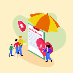 Family health and life insurance isometric 3d vector illustration concept for banner, website, illustration, landing page, flyer, etc.