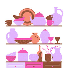 Set of kitchen utensils, cute flat vector illustration. Collection of bowls, plates, vases, dishes, cup, teapot and jug