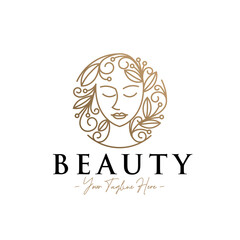 Beauty woman head feminine line art with floral natural gold logo
