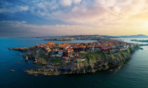 Panorama view from a height of the city of Nessebar with houses and parks washed by the Black Sea in Bulgaria