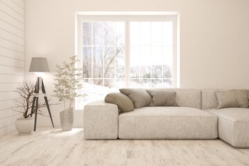 White living room with sofa and winter landscape in window. Scandinavian interior design. 3D illustration