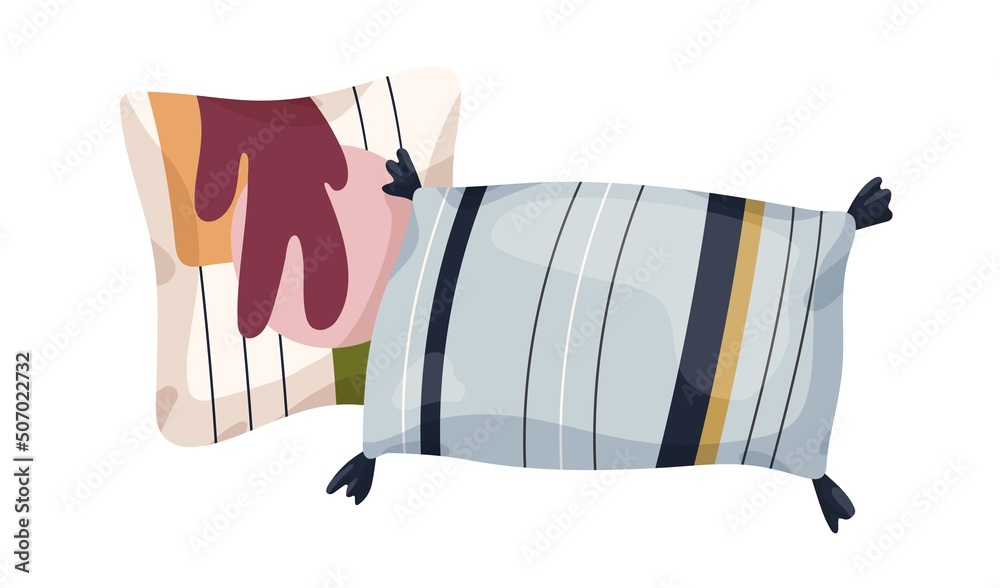 Poster Soft decorative cushions designs. Rectangle and square shaped comfy decor with abstract and line patterns, tassels. Bed and sofa decoration. Flat vector illustration isolated on white background