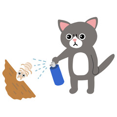 白蟻にスプレー噴射する猫　害虫駆除　退治
