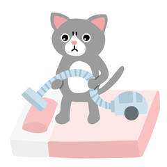 布団の掃除をするハチワレの猫