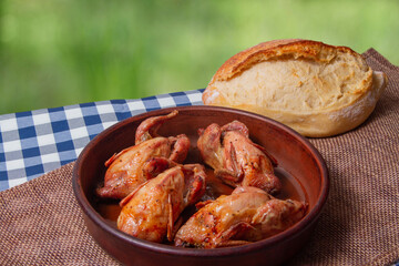 Roasted game birds and white bread with green outdoor background. Rustic table serving.