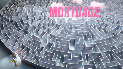 Mortgage and a difficult path, confusion and frustration in seeking it, hard journey that leads to Mortgage,3d illustration