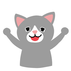 両手を上げて喜ぶグレーのハチワレ猫