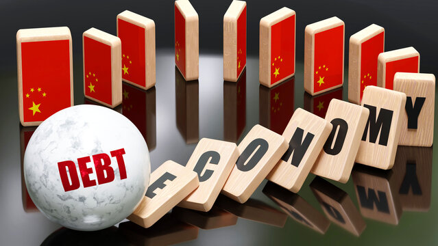 China and debt, economy and domino effect - chain reaction in China economy set off by debt causing an inevitable crash and collapse - falling economy blocks and China flag,3d illustration