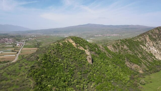 Aerial Spring view of Kozhuh Mountain and Petrich valley, Bulgaria
