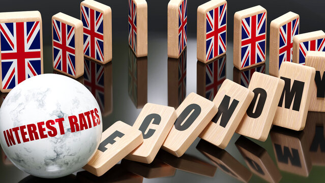 UK England and interest rates, economy and domino effect - chain reaction in UK England set off by interest rates causing a crash - economy blocks and UK England flag,3d illustration