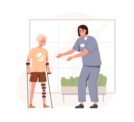 Physiotherapist helping kid walking with crutches after fracture, injury. Child patient at rehabilitation therapy. Nurse supporting boy in rehab. Flat vector illustration isolated on white background